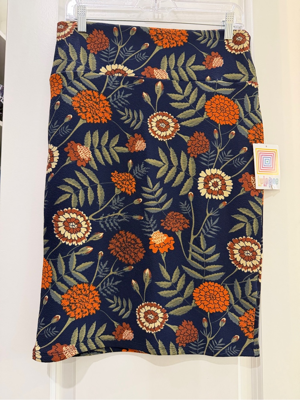 NWT LuLaRoe Cassie Pencil Skirt M Navy Orange Floral Fall Boho
